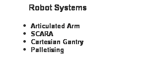 Text Box: &nbsp;&nbsp;&nbsp;&nbsp;&nbsp;&nbsp;&nbsp;&nbsp;&nbsp;&nbsp;&nbsp;&nbsp; Robot Systems
Articulated Arm
SCARA
Cartesian Gantry
Palletising

